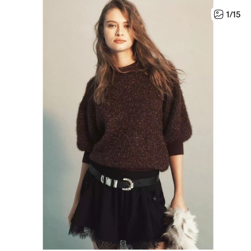 MAEVE The Violetta Short Sleeve Tinsel Sweater NWOT open back chocolate Brown